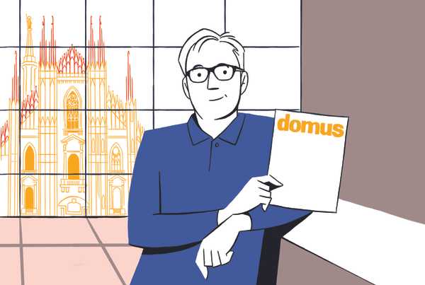 Illustration of Sir David Chipperfield in glasses holding a Domus magazine with Milan's Duomo cathedral in background