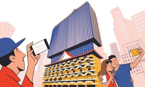 Modern building facade with geometric patterns and traditional architectural elements
