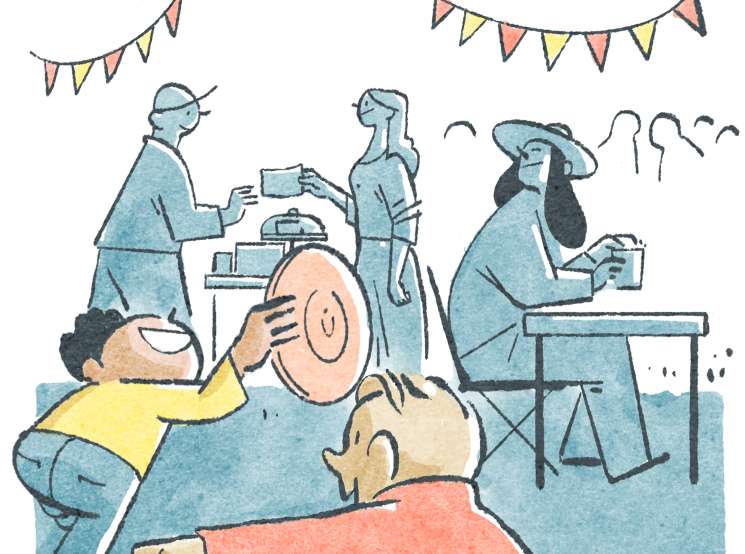 Illustration of people sharing food at a casual outdoor gathering with bunting decorations.