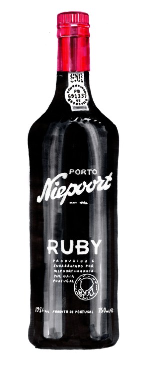 Niepoort Ruby Port bottle with red foil cap and black label against white background.