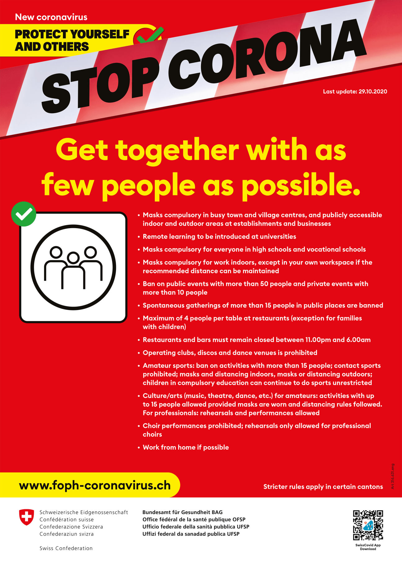 Swiss coronavirus awareness poster with red background showing "Stop Corona" text and guidelines for social gathering restrictions.