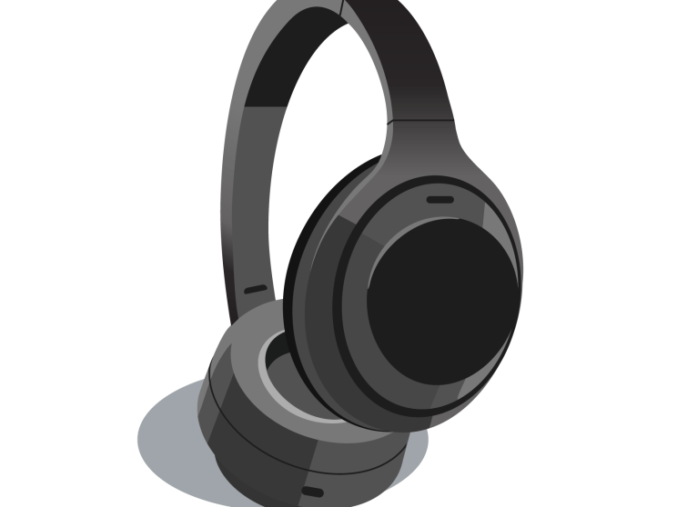 Illustration of Sony WH-1000XM4 noise-cancelling headphones in gray and black tones.