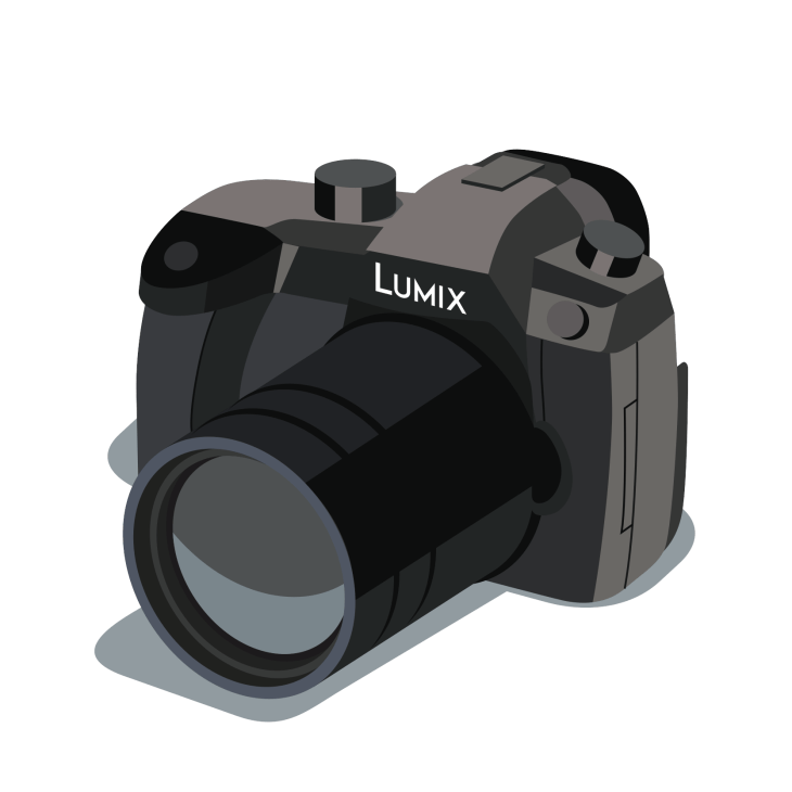 Illustration of a Lumix DC-GH5 camera by Panasonic in black and gray tones.