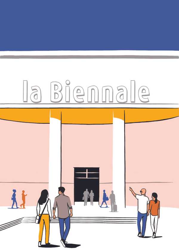 Stylized illustration of people walking toward a modernist building with 'la Biennale' text above the entrance