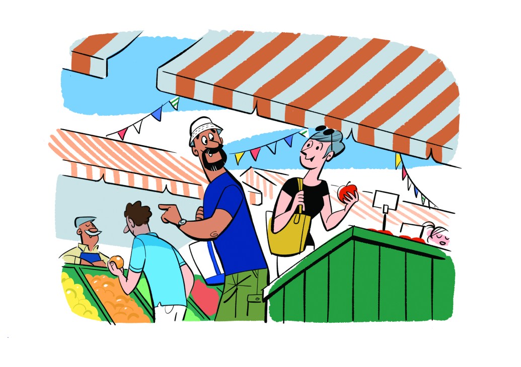 A bustling indoor food market with fresh produce vendors, restaurants and people shopping and dining