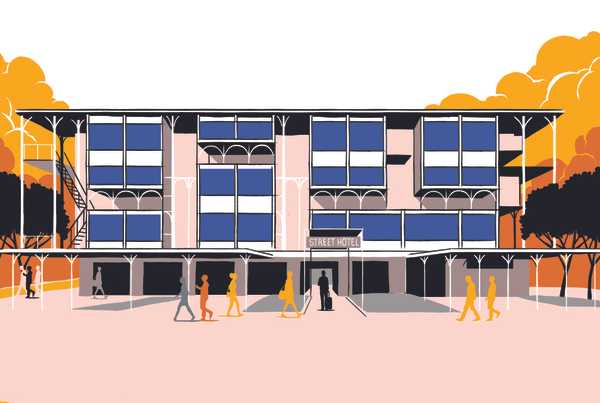 Modern hotel building with blue windows, pink columns, and people walking in front during golden hour