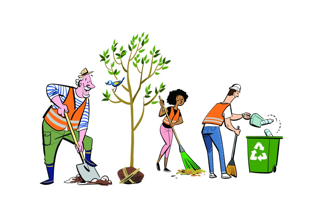 Well-maintained city streets with mature trees and residents caring for their neighborhood spaces