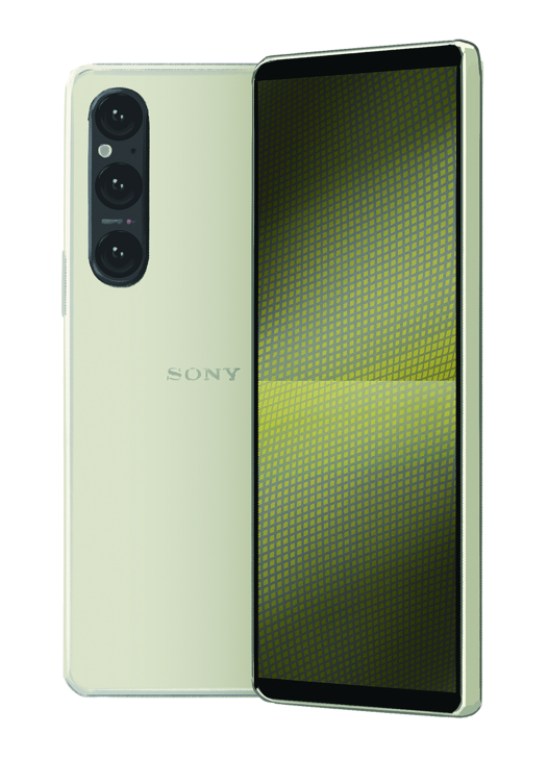 Sony Xperia 1 V smartphone in light green showing distinctive 21:9 aspect ratio display