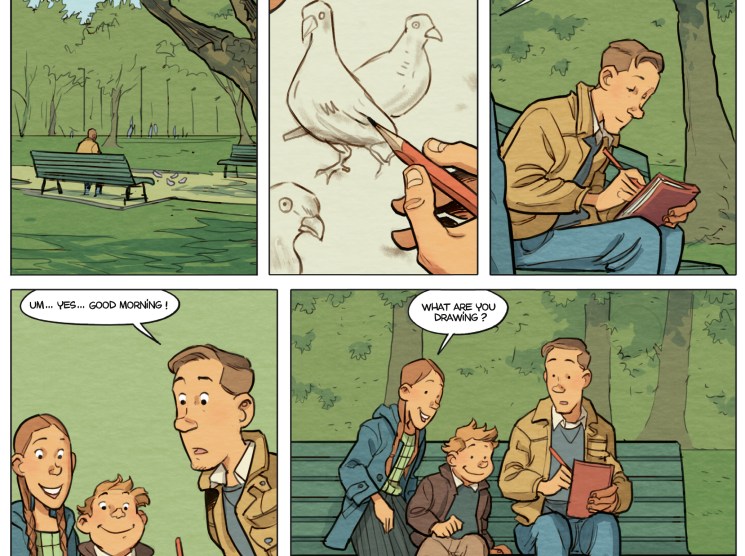 Comic strip showing man drawing birds in park, then family approaching and asking about his artwork