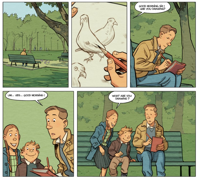 First panel of Hamo's illustrated story about Franco-Belgian bande dessinées