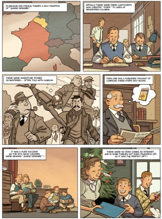 Fourth panel of Hamo's illustrated story depicting Franco-Belgian comics history