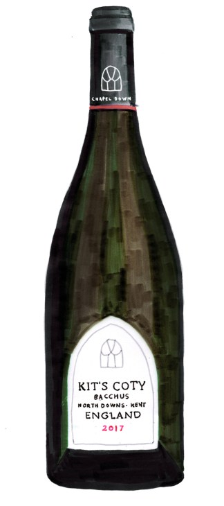 Chapel Down Kit's Coty Bacchus 2017 white wine bottle from Kent, England.