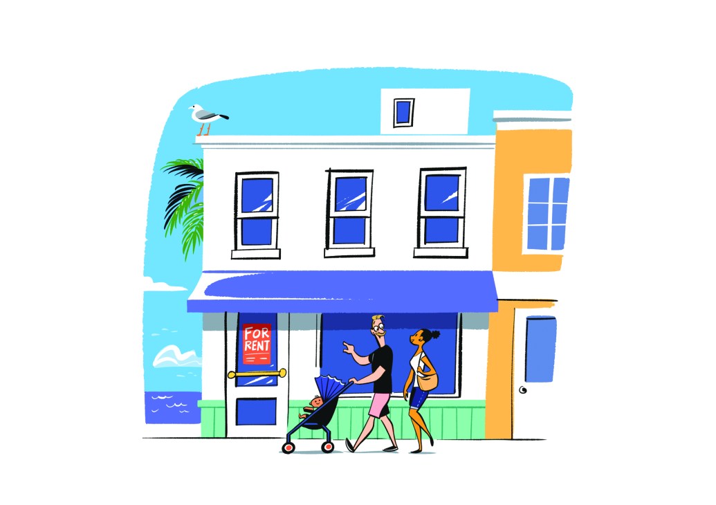 A charming small retail shop with large windows and attractive storefront on a pedestrian-friendly street