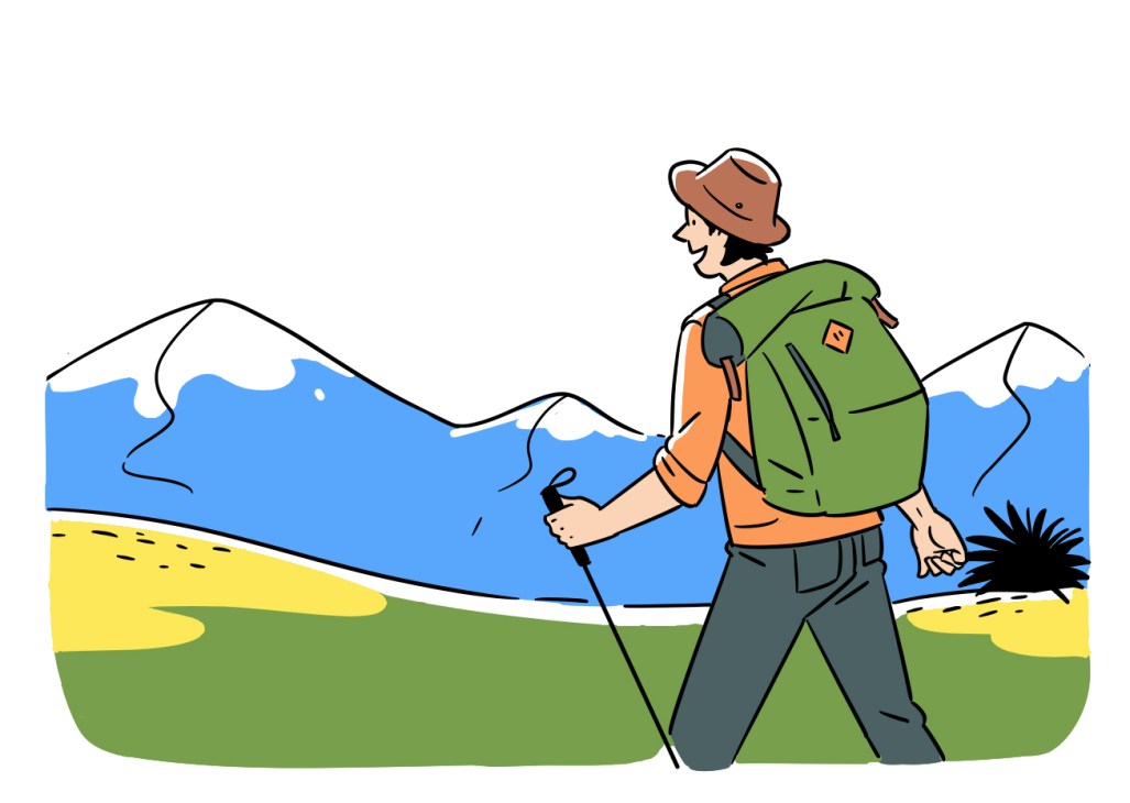 Hiker with backpack and walking stick traversing mountainous terrain with snow-capped peaks
