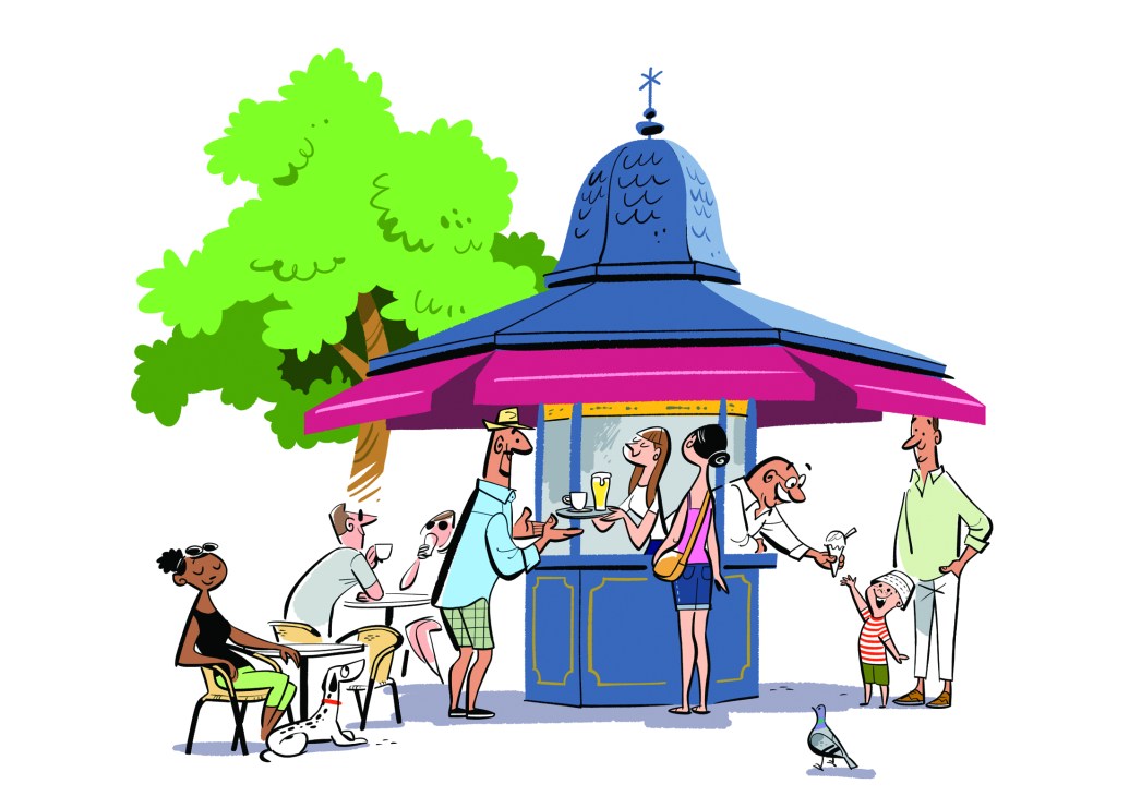 A kiosk in Lisbon with outdoor seating under trees, showing people enjoying coffee in a public square