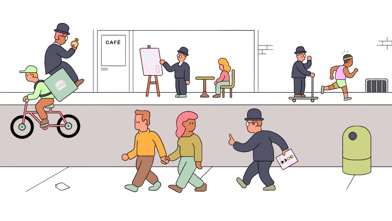 Illustration of a busy urban street scene with various people including delivery workers, pedestrians, and a man in a bowler hat gesturing.