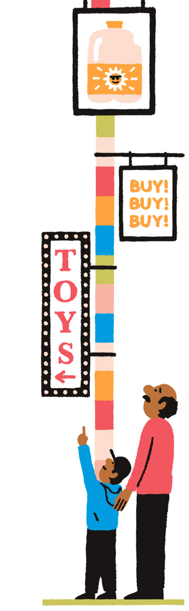 Illustration showing an adult and child looking up at colorful advertising signs including sunscreen and toys