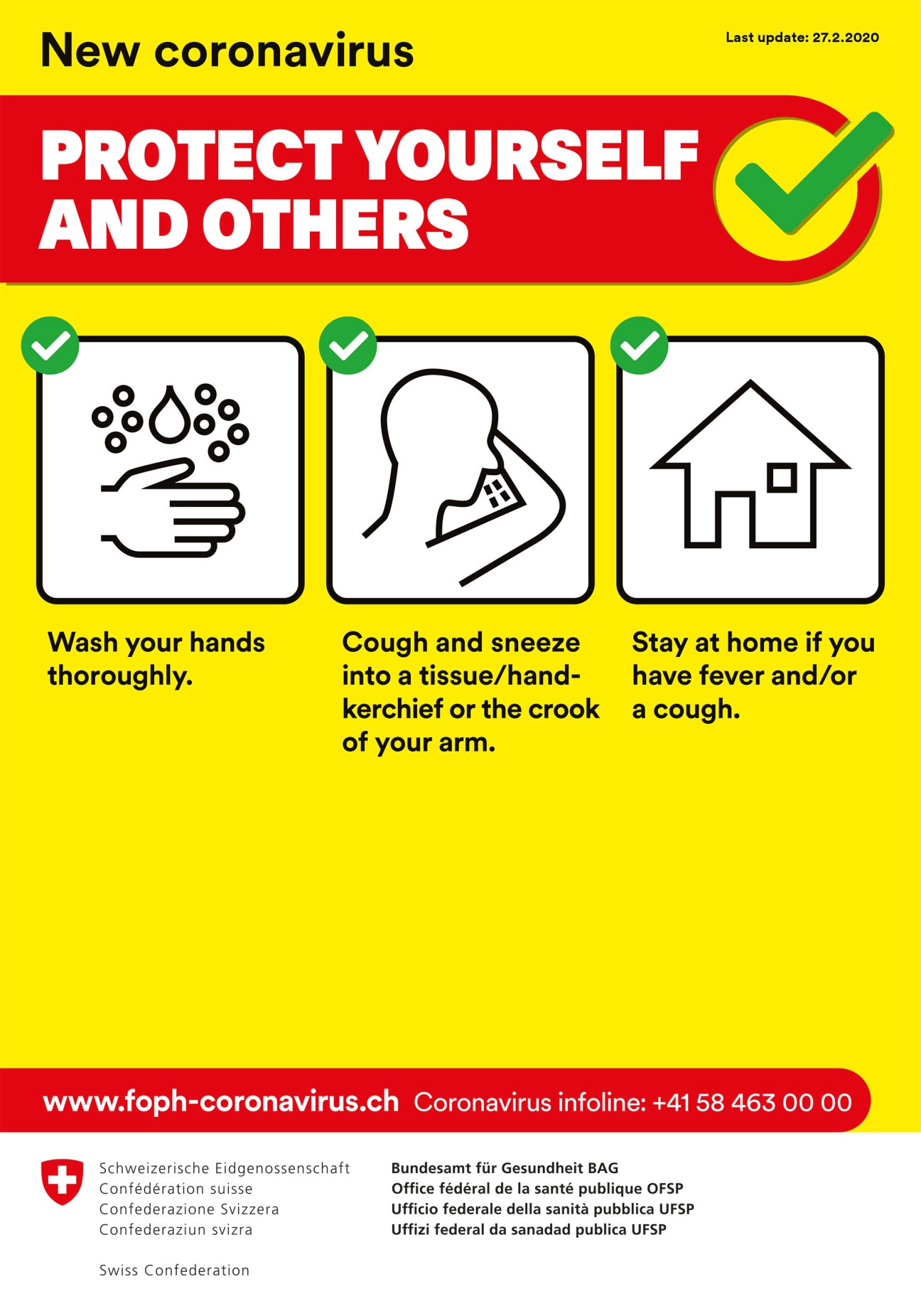 Swiss coronavirus awareness poster with yellow background showing three hygiene pictograms and red banner with 'Protect Yourself and Others' slogan.