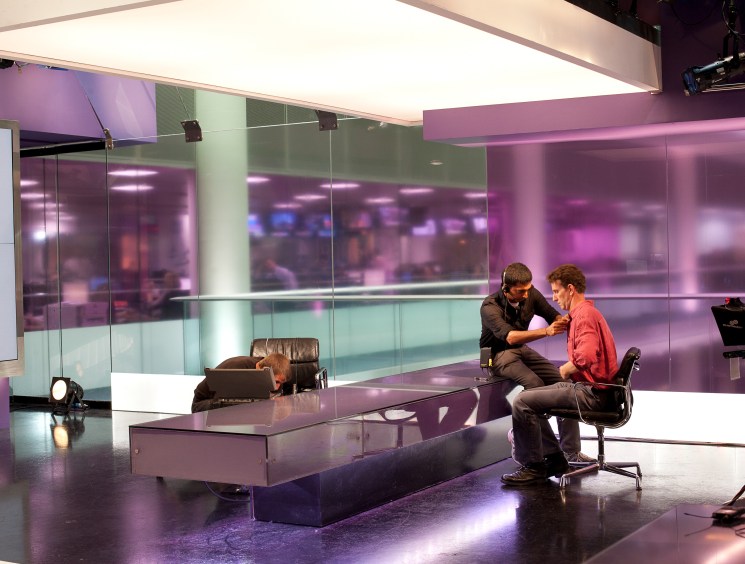 Preparing for a studio interview at Channel 4 News, London