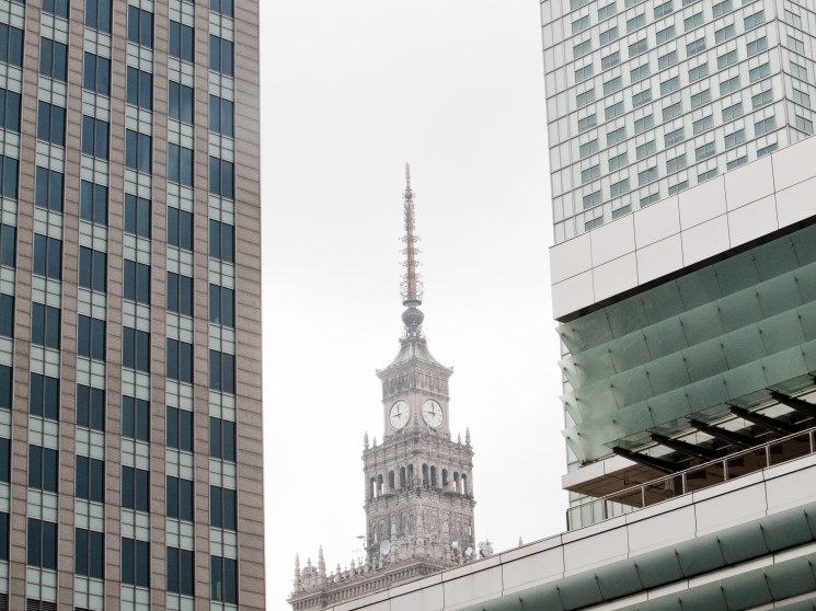 Modern buildings with the Palace of Culture and Science behind
