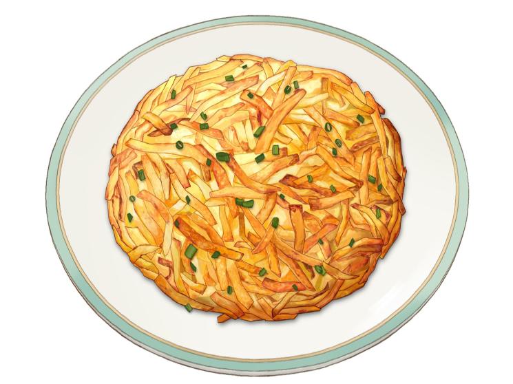 Golden potato rosti garnished with fresh chives on a white plate with blue rim