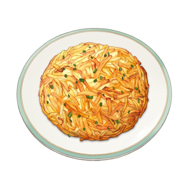 Golden potato rosti garnished with fresh chives on a white plate with blue rim