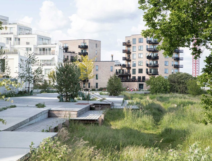 Modern residential buildings with balconies overlooking landscaped green spaces and wooden walkways