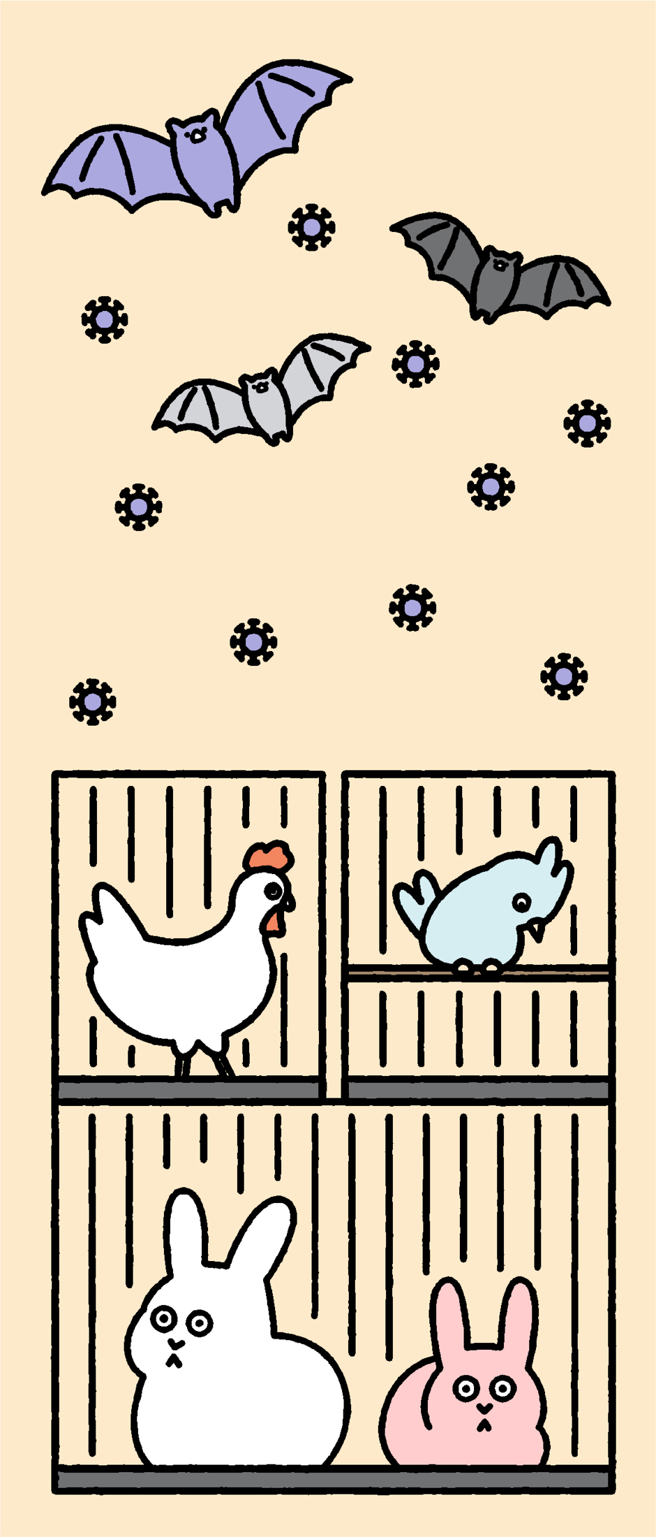 Illustration of bats and virus particles above a wet market with caged animals including chicken, fish, and rabbits.