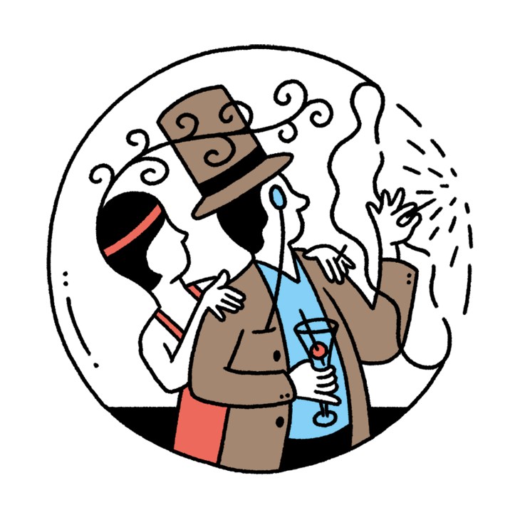 Illustration of a stylized figure in a brown suit and hat with decorative swirls, holding a drink.