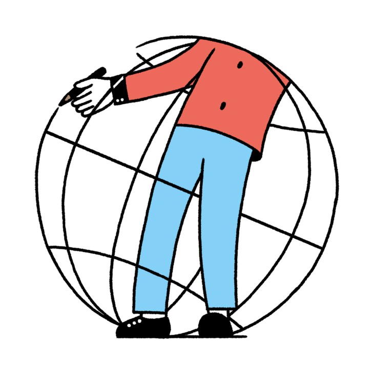 Illustration of a figure in a red shirt and blue pants standing inside a wireframe globe.