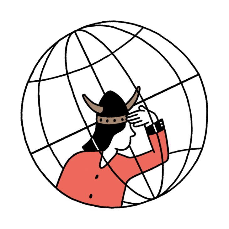Illustration of a figure wearing a Viking helmet inside a globe grid, symbolizing global governance.