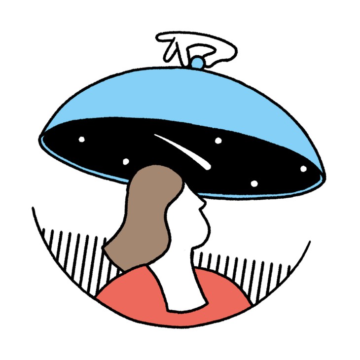 Illustration of a person's head with a blue flying saucer or UFO hovering above it.
