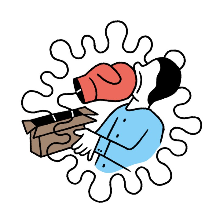 Illustration of a figure in blue shirt wearing red boxing gloves holding a brown toolbox surrounded by wavy lines.