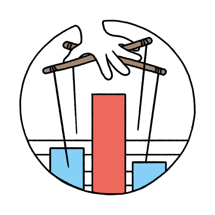 Illustration of a figure holding a large red bar chart between two blue sections, symbolizing political balance or contest.