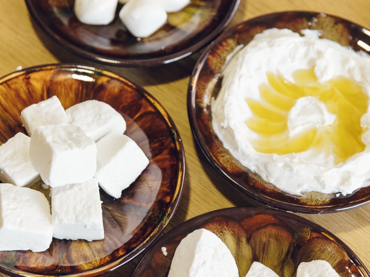 Assorted Lebanese cheese and yoghurt products by Maria and Elie Abou Marouf served on brown ceramic dishes