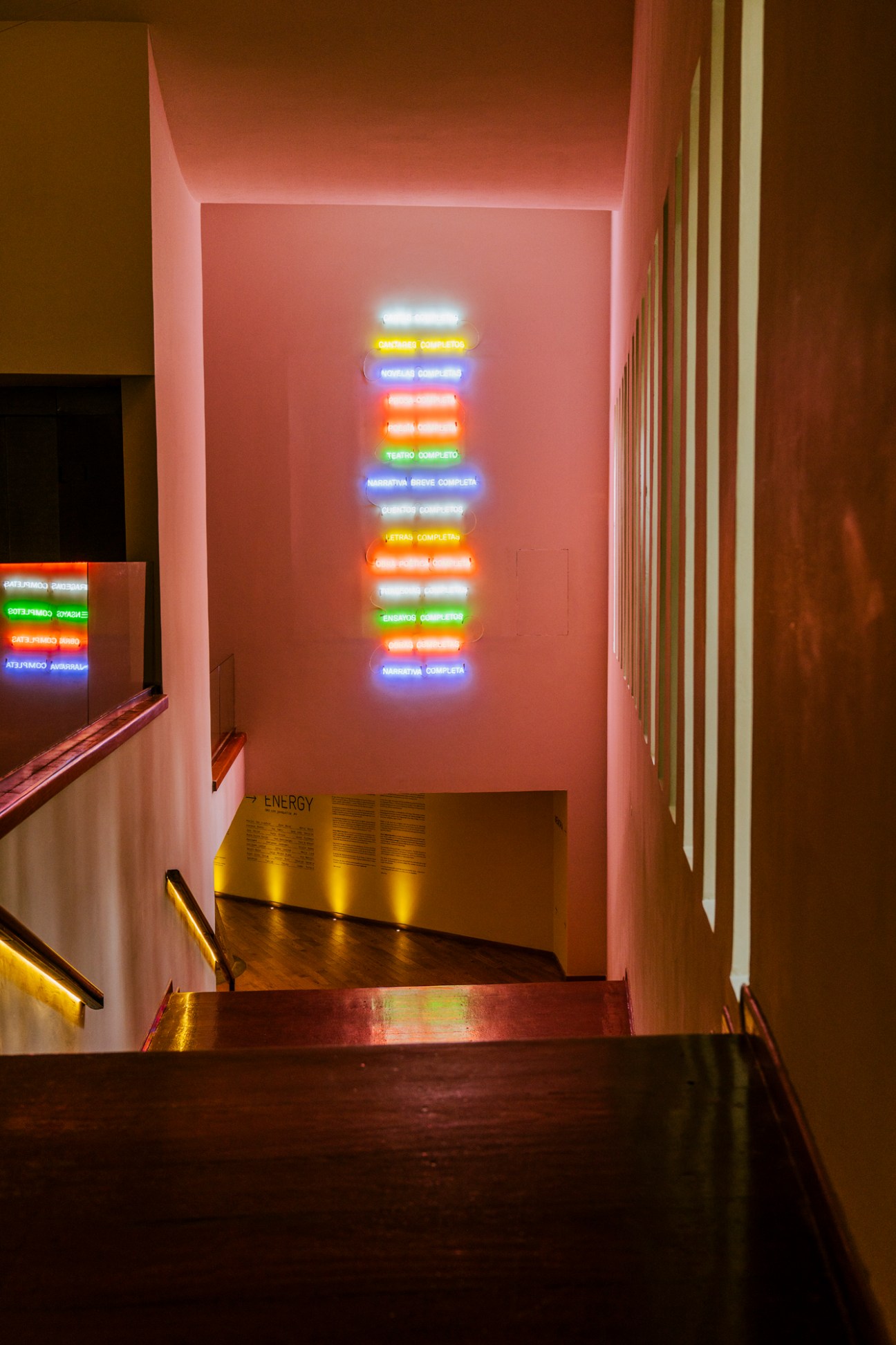 Jorge Méndez Blake's 'Biblioteca completa' artwork installation with colorful neon text tubes on pink walls