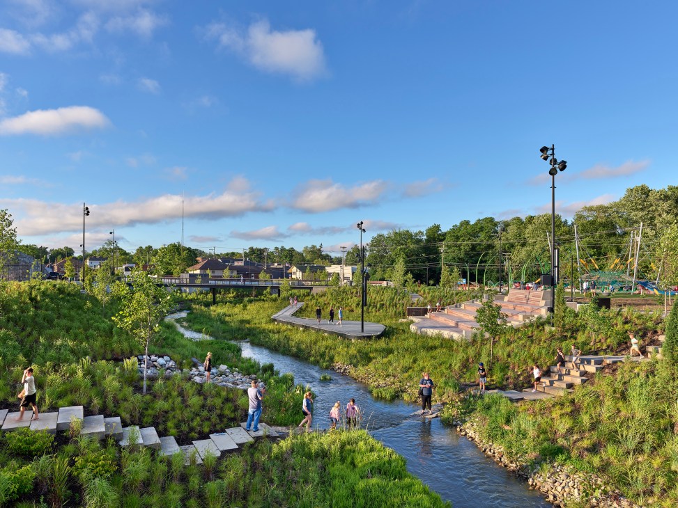 Grand Junction Park showing the riparian corridor with native plants and landscaping designed to handle water overflow