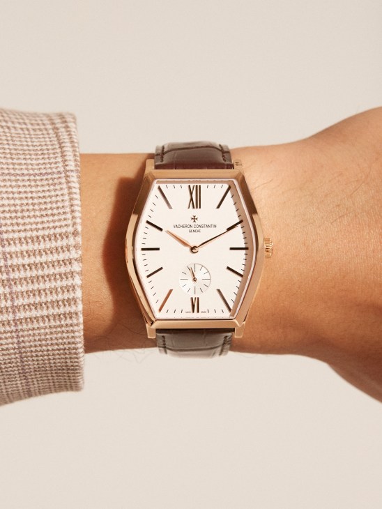 Vacheron Constantin Malte watch with tonneau-shaped rose gold case and white dial on leather strap