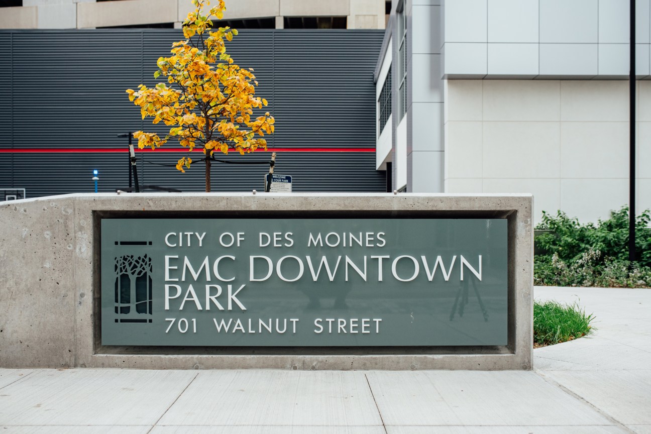 Sign indicating downtown development in Iowa