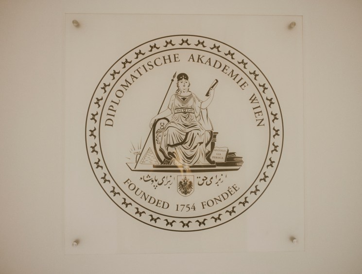 Seal of the Diplomatische Akademie Wien showing a classical female figure with books and founding date 1754