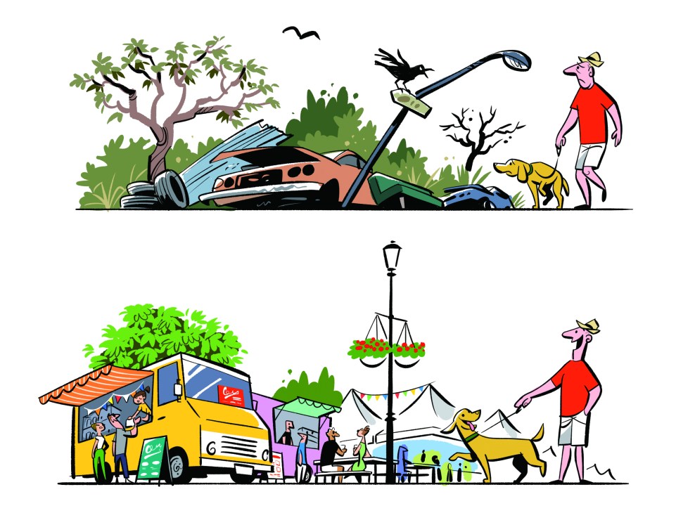 A temporary use space showing pop-up activities in what was previously an underused urban area