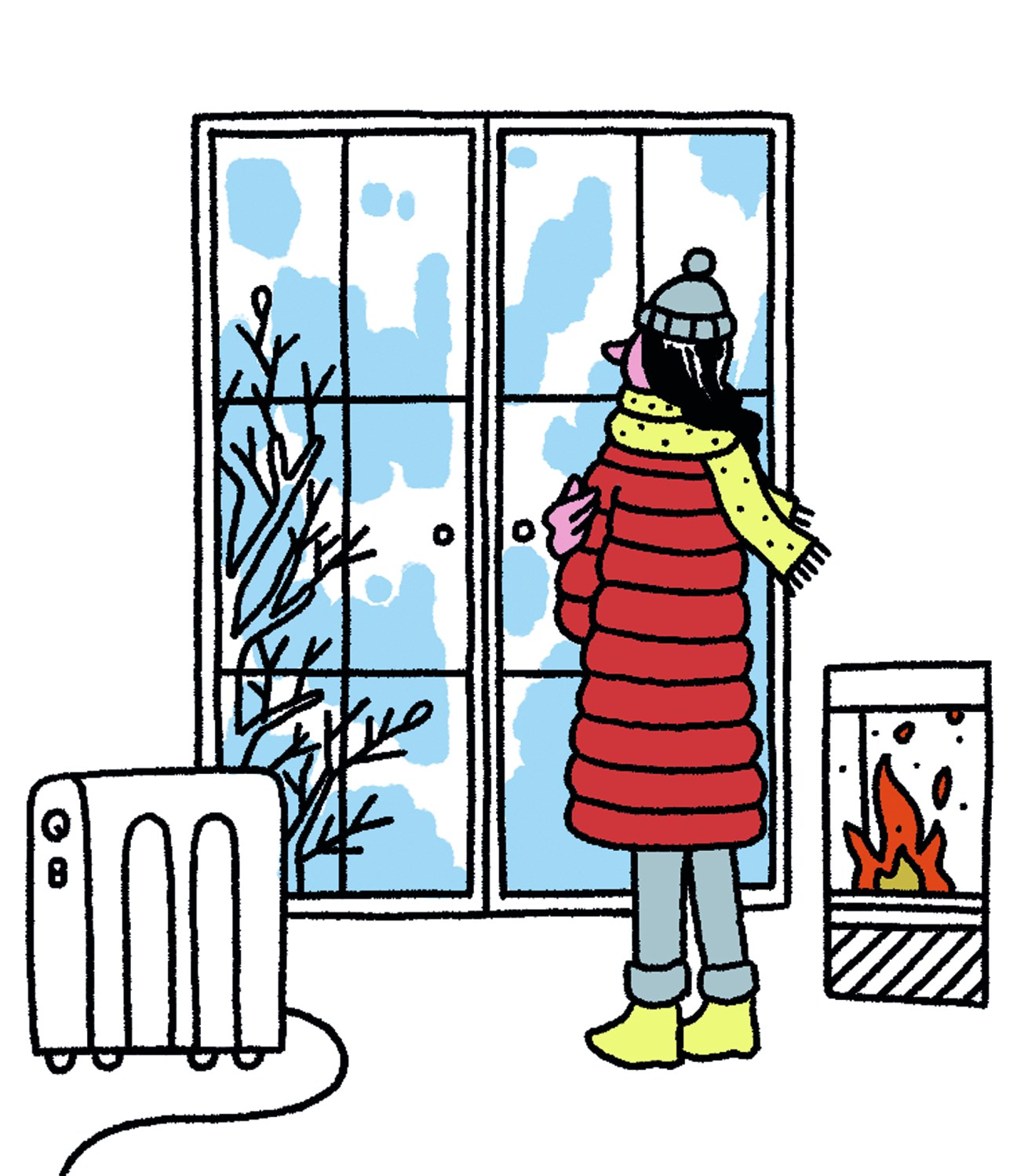 Person in winter clothing standing by window with portable heater, illustrating cold indoor conditions