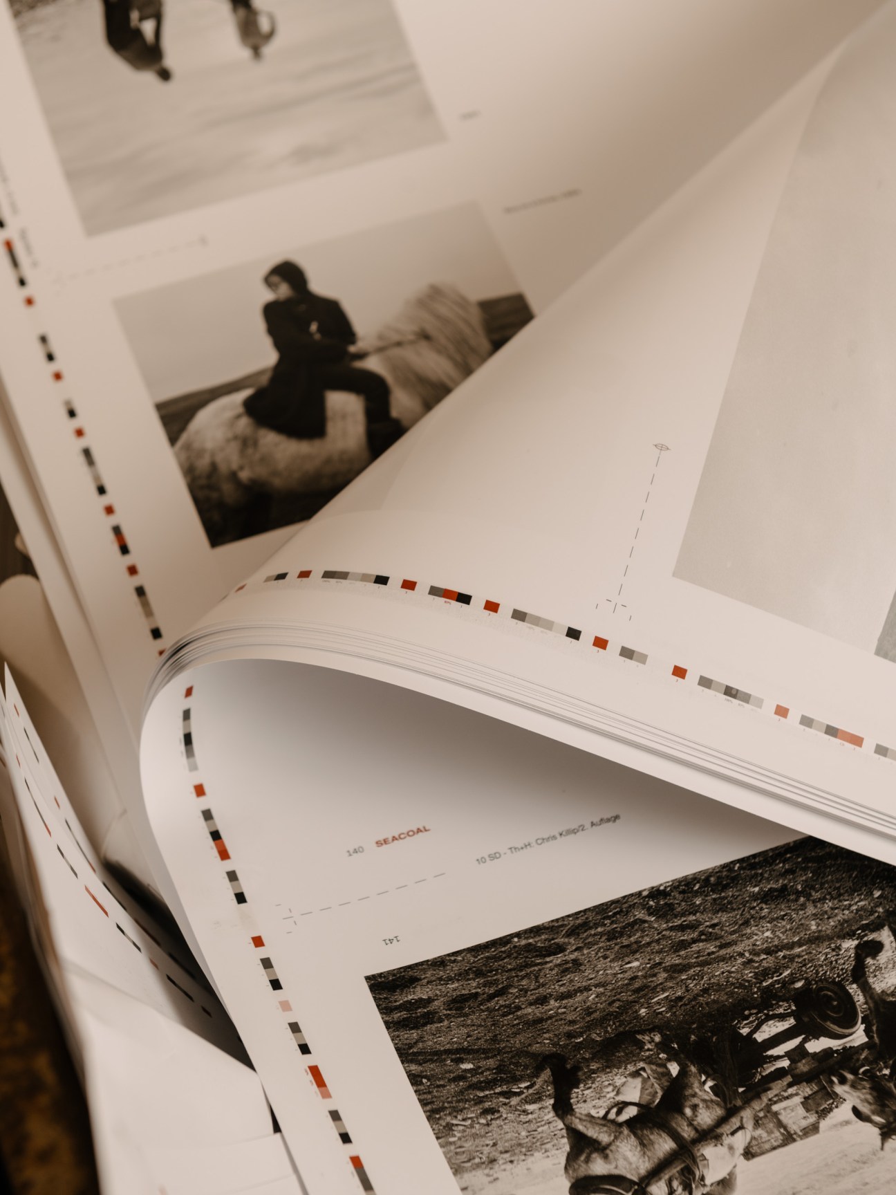 Open book or magazine showing printed pages with color calibration bars and black and white photographs