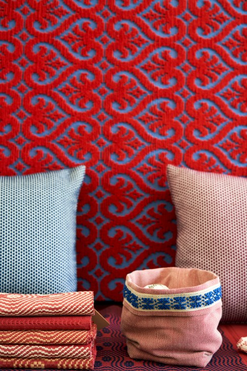 Traditional handwoven fabrics and textiles displayed at Le Costantine workshop