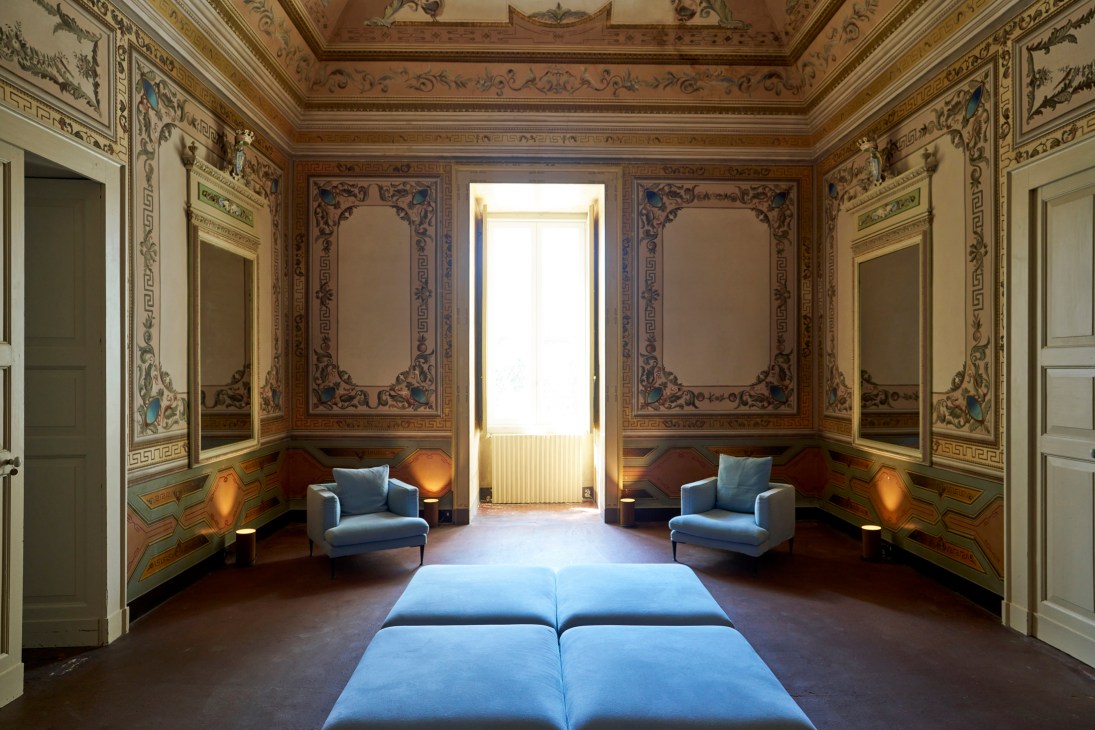 Elegant hotel lounge with contemporary furniture and soft lighting