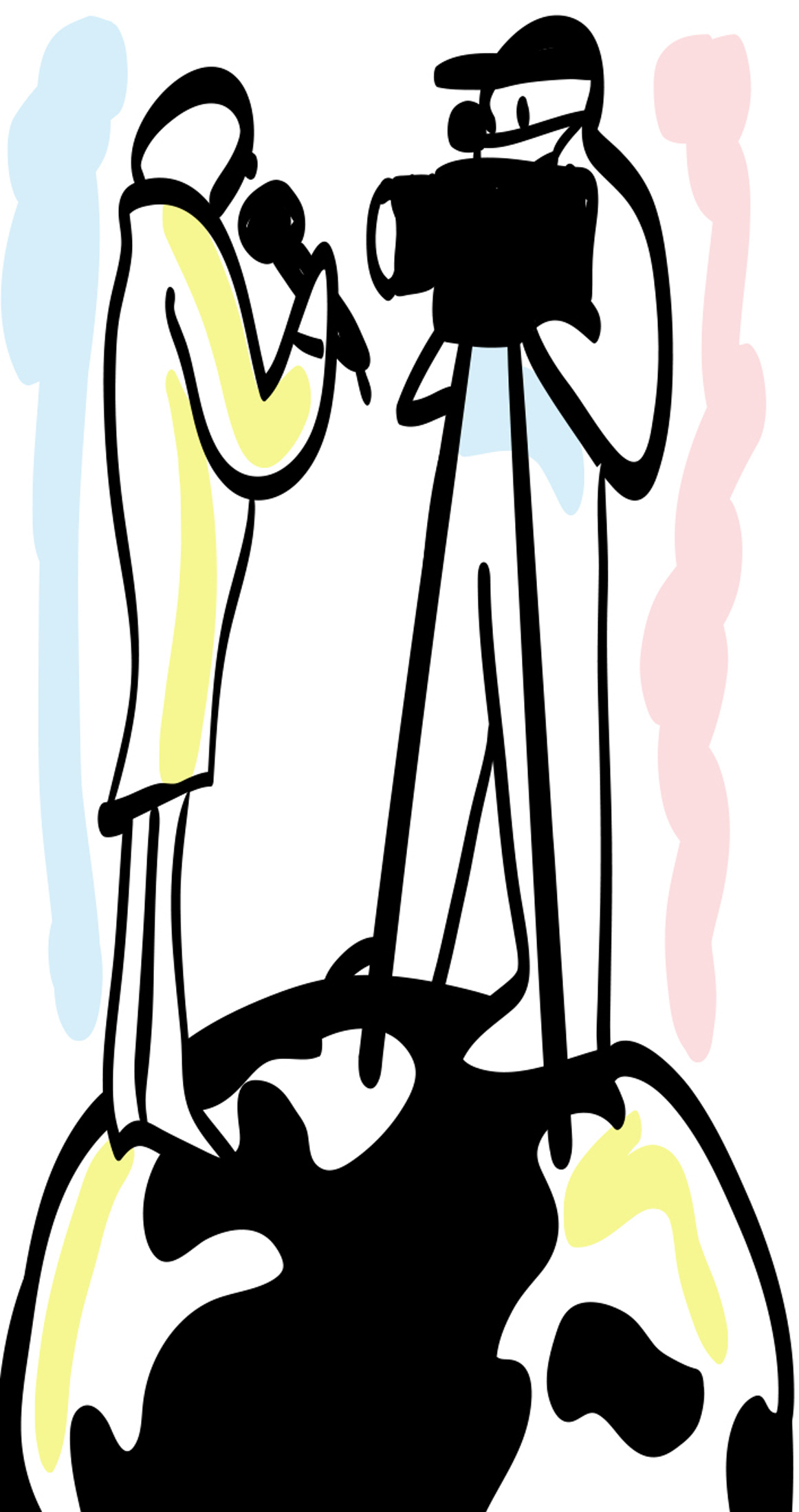 Illustration of a cameraman filming a woman in a yellow dress holding a microphone, with silhouettes in background.