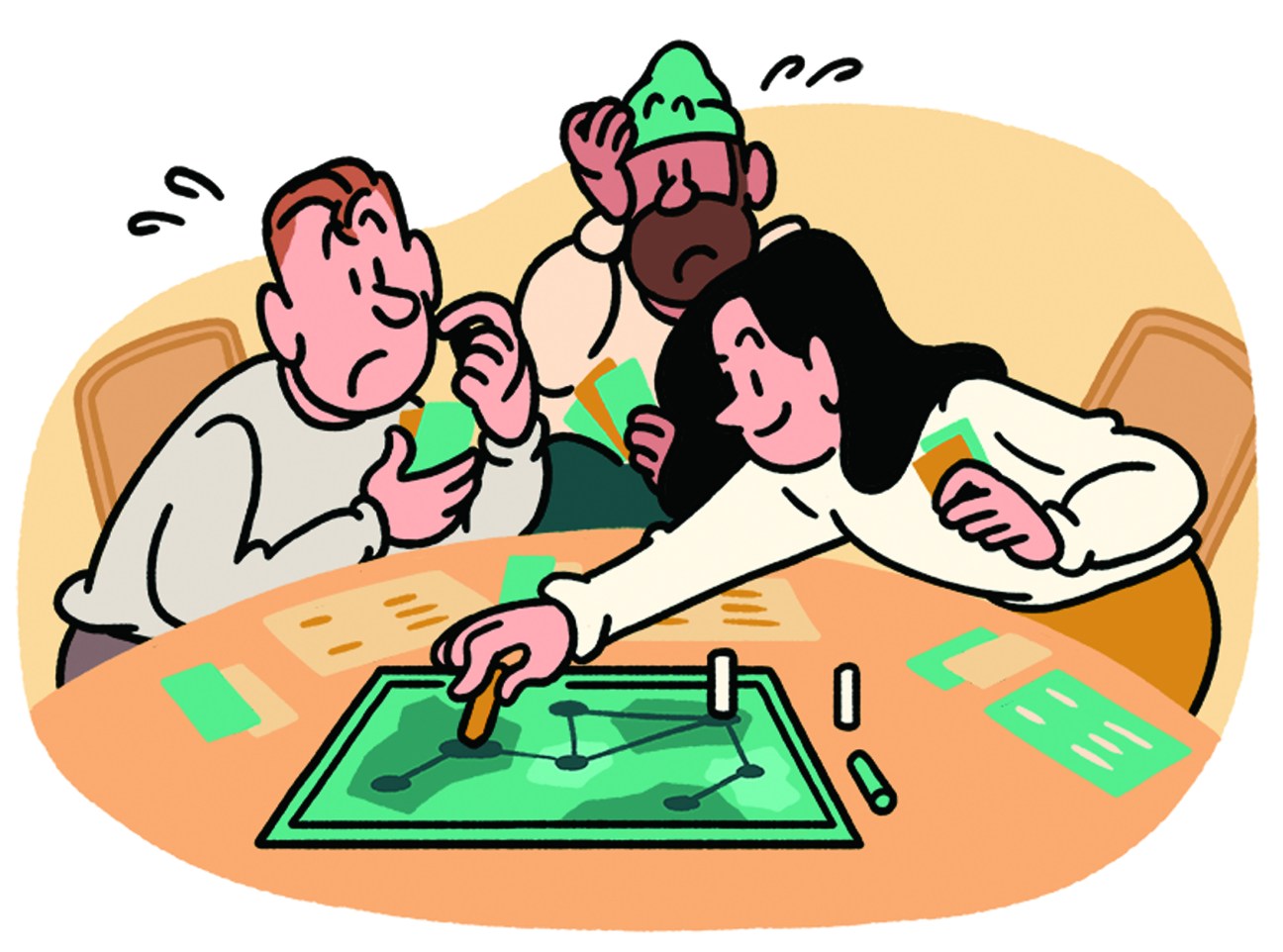 Illustration of various board games including cards and game pieces