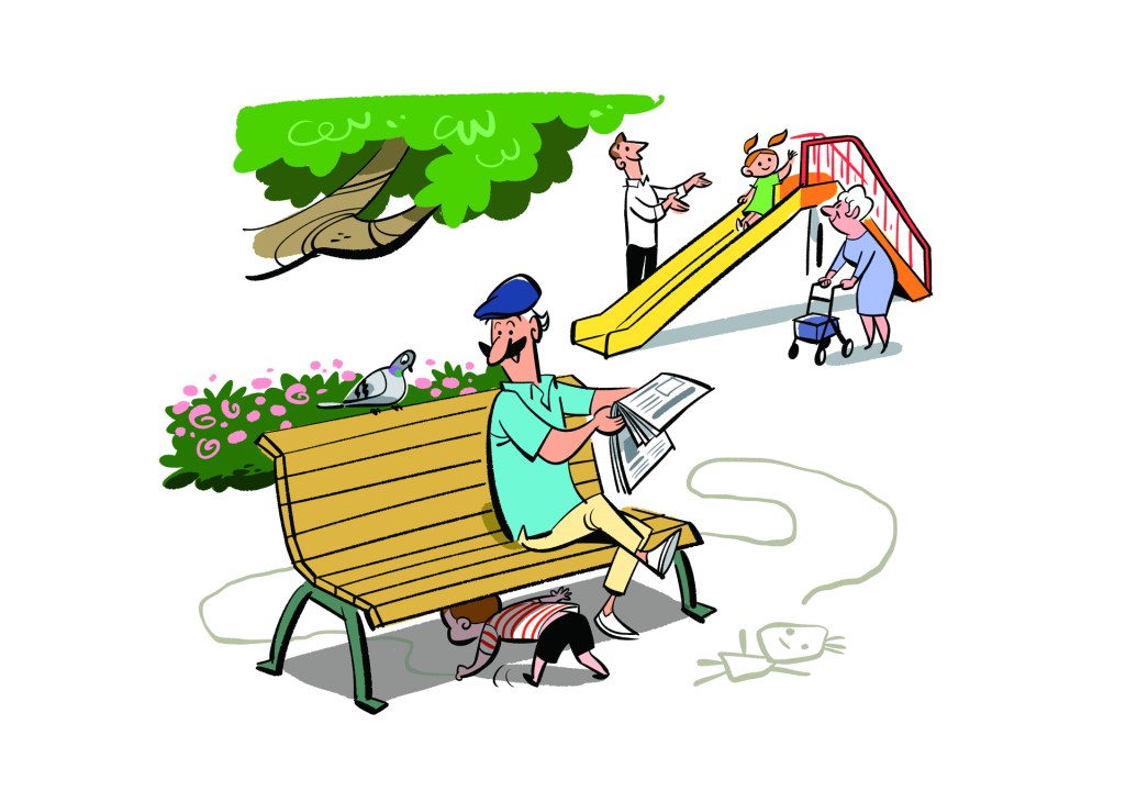 A well-designed public space with play areas for children and seating areas for adults of all ages