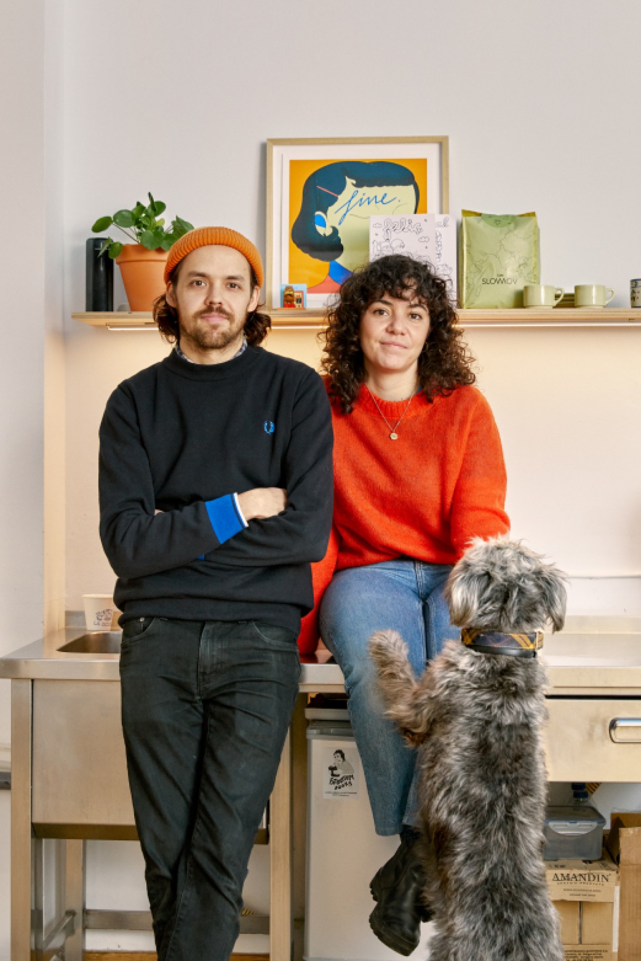 Berta González and Alfredo Borés with their dog Yuba at La Gossa comic book school in Barcelona
