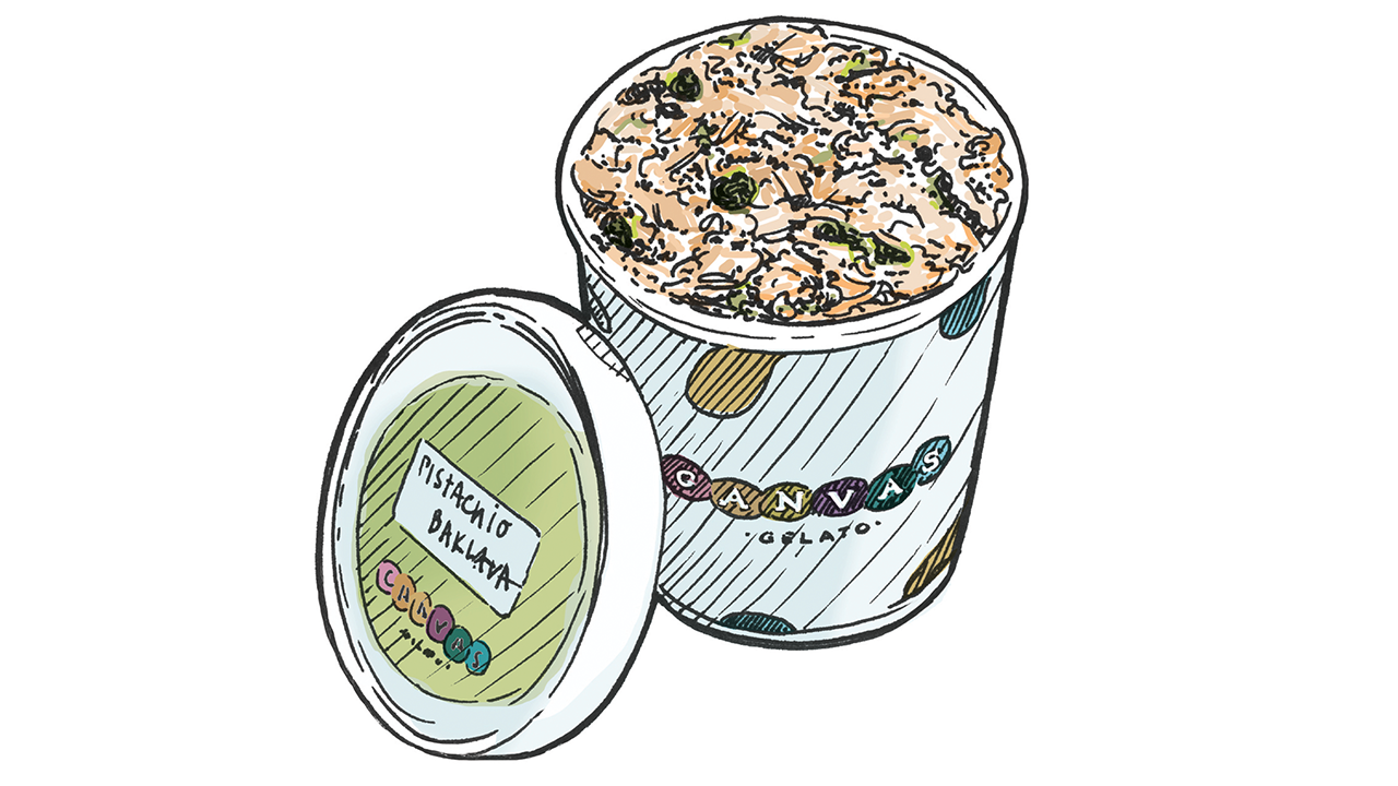 Illustration of a container of Canvas Gelato ice cream with pistachio baklava flavor visible on the lid label.
